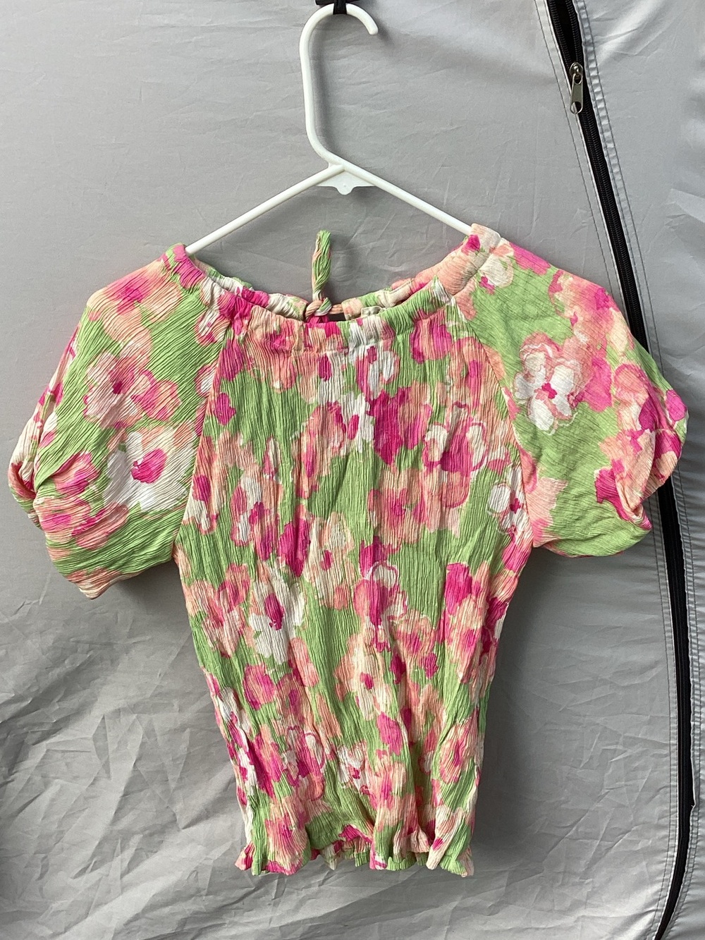 Floral Off-the-Shoulder Puff Sleeve Blouse — Pink & Green